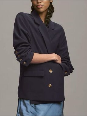 Anthropologie Cinched Sleeve Double Breasted Blazer Navy Blue Size 3X